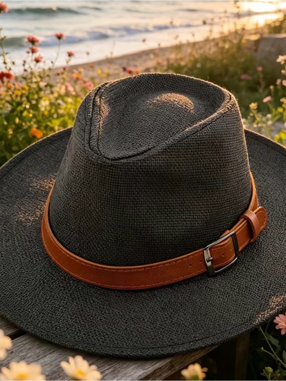 Men's Dark Gray Fedora Hat with Brown Leather Band